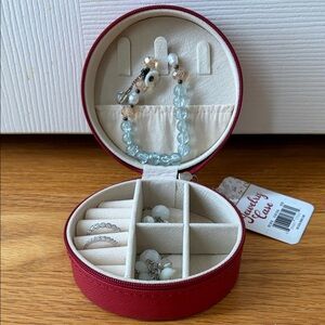 Red Jewelry Case with Bracelet, Earrings, and Rings
